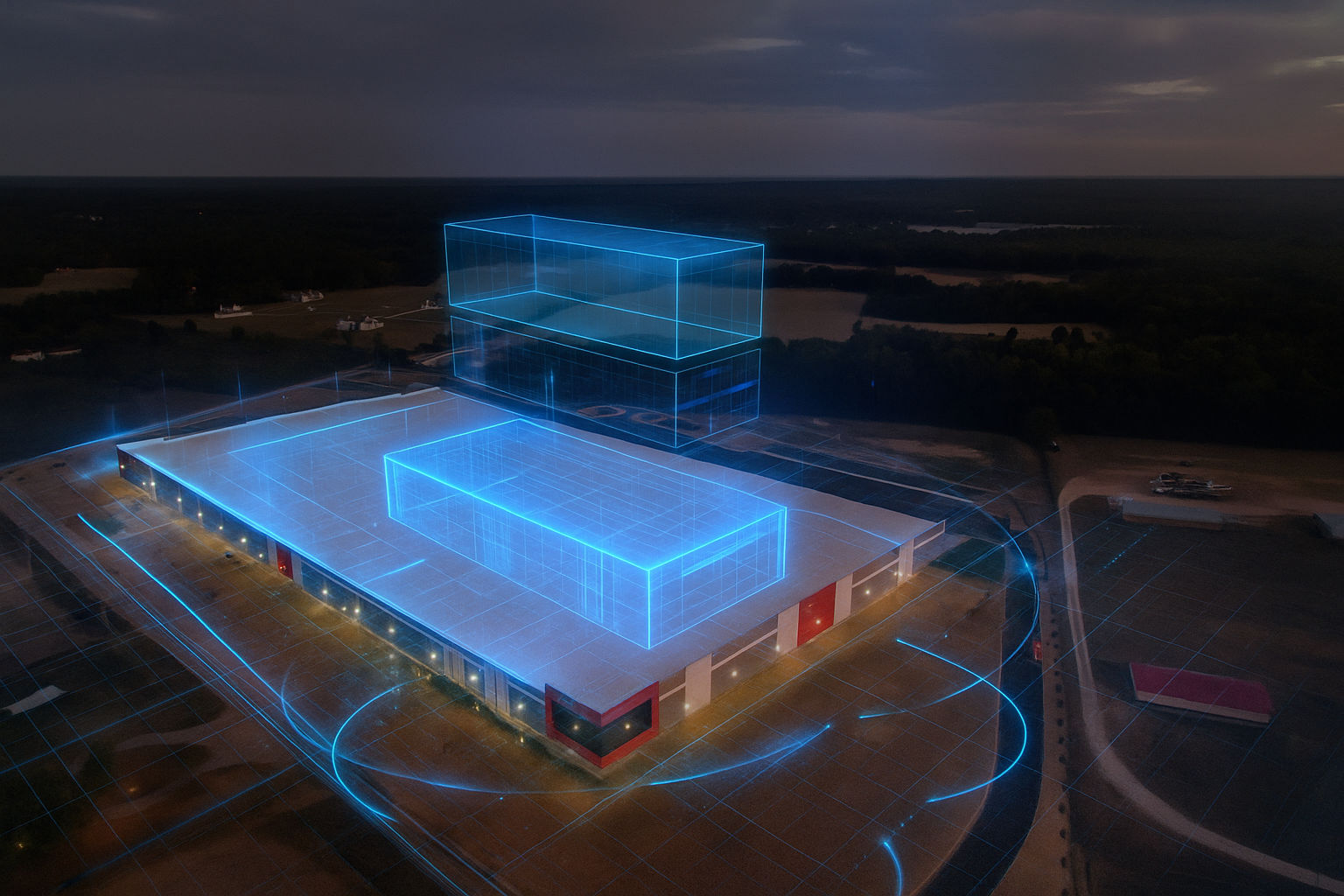 Industrial facility visualized with digital data overlays